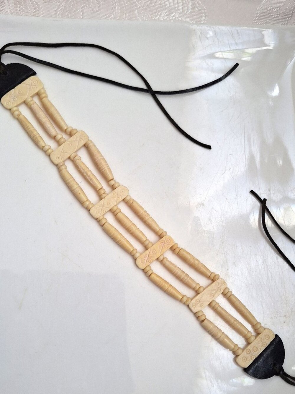 Vintage Mexican Hand Carved Choker Necklace with Leather Closure